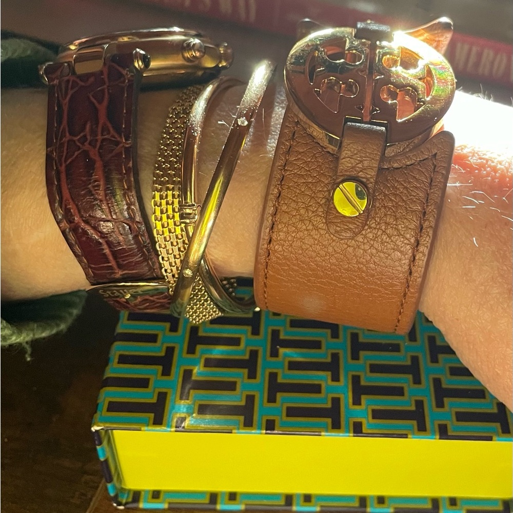 Tory Burch Wide Leather and Gold Emblem Double-Snap Cuff Bracelet - Picture 12 of 12